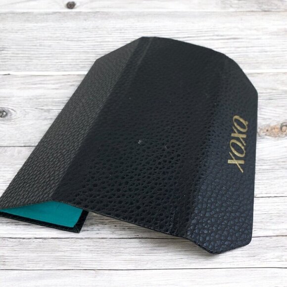 XOXO Foldable Origami Glasses/Sunglasses Case Black Leather Blue Fabric Lining - Picture 3 of 4